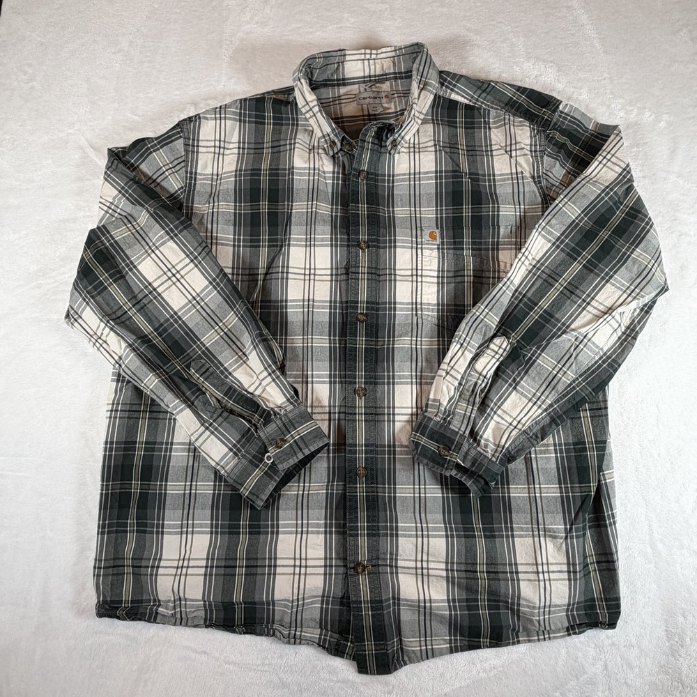 Carhartt Shirt Mens 2XL Green White Relaxed Fit‎ Plaid Flannel Long Sleeve